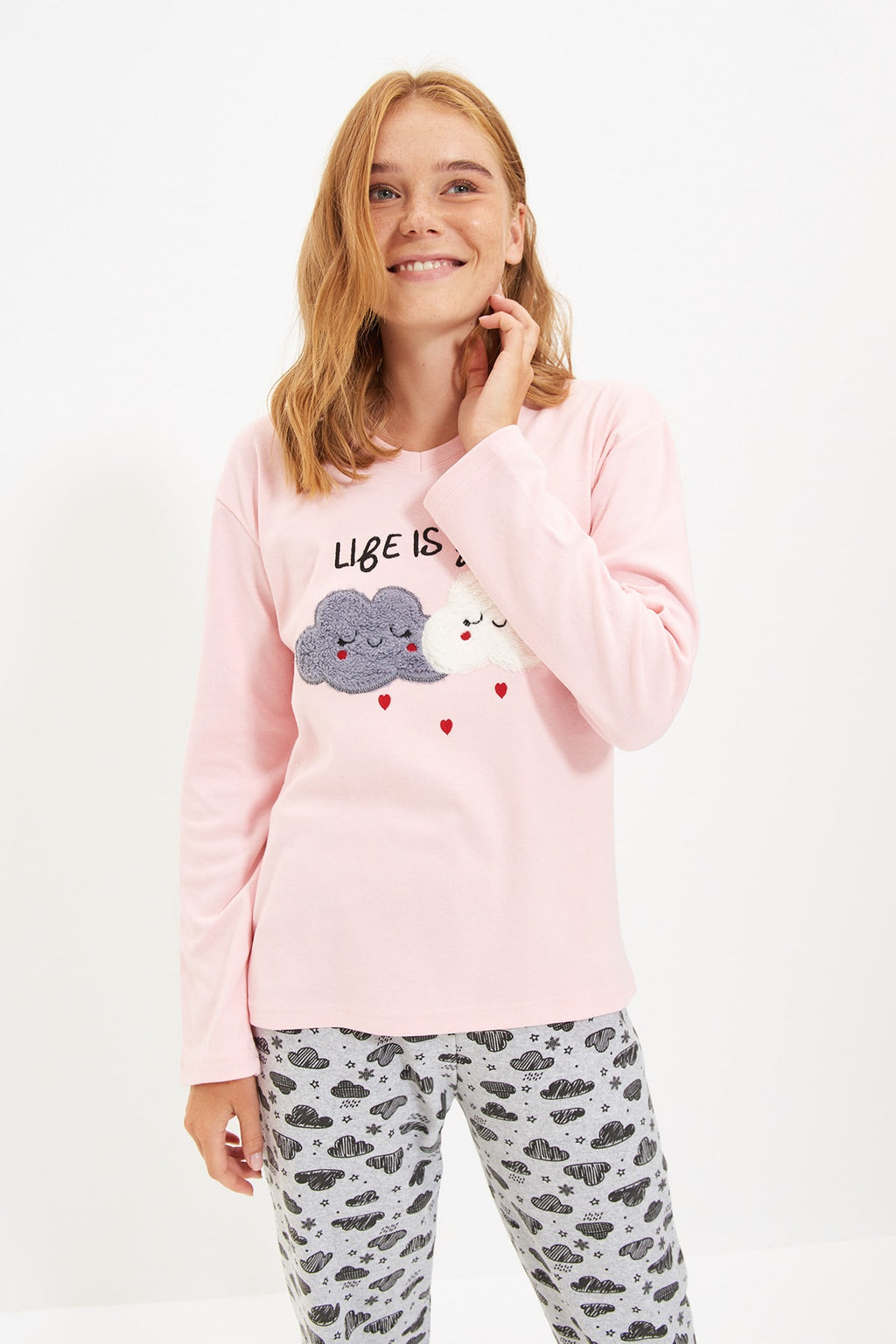 Somon Pamuklu Nakışlı Örme Pijama Takımı THMAW21PT0646