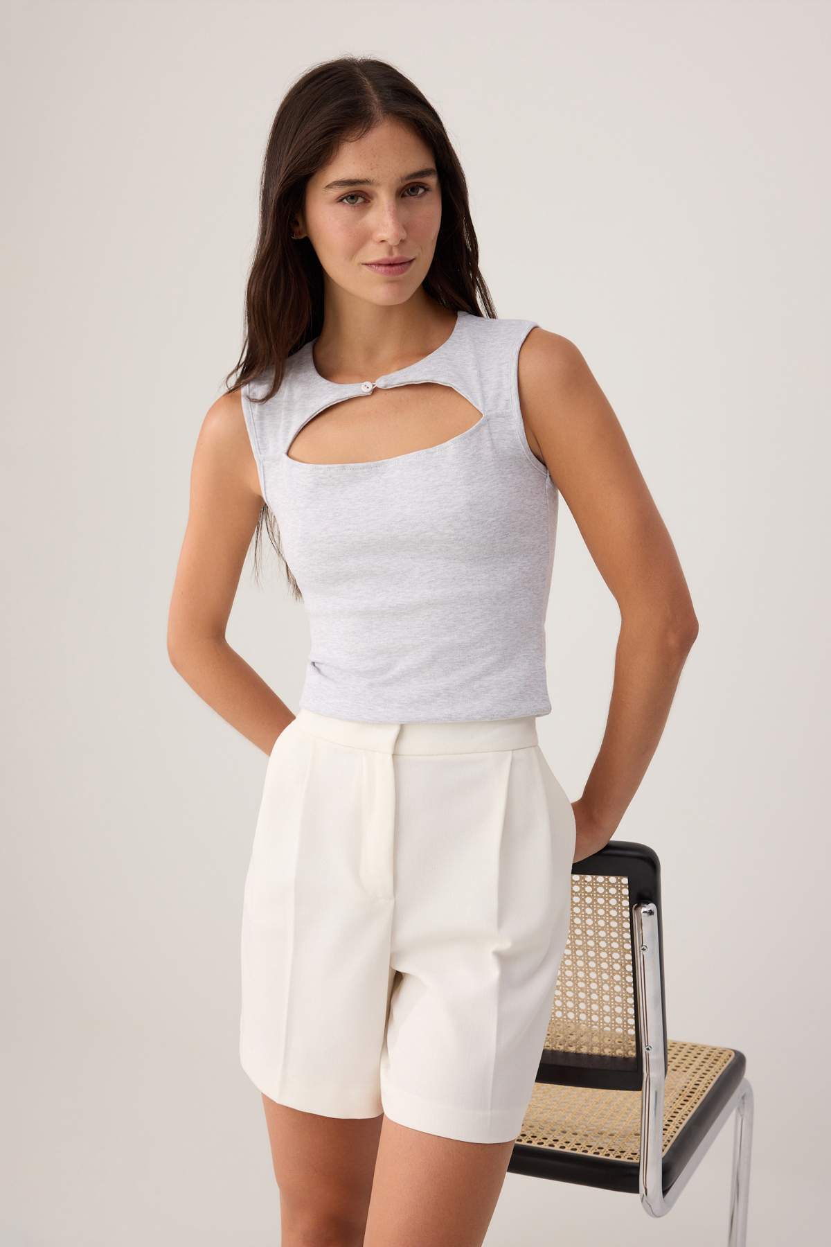 heather grey plain fitted keyhole neck crescent sleeve