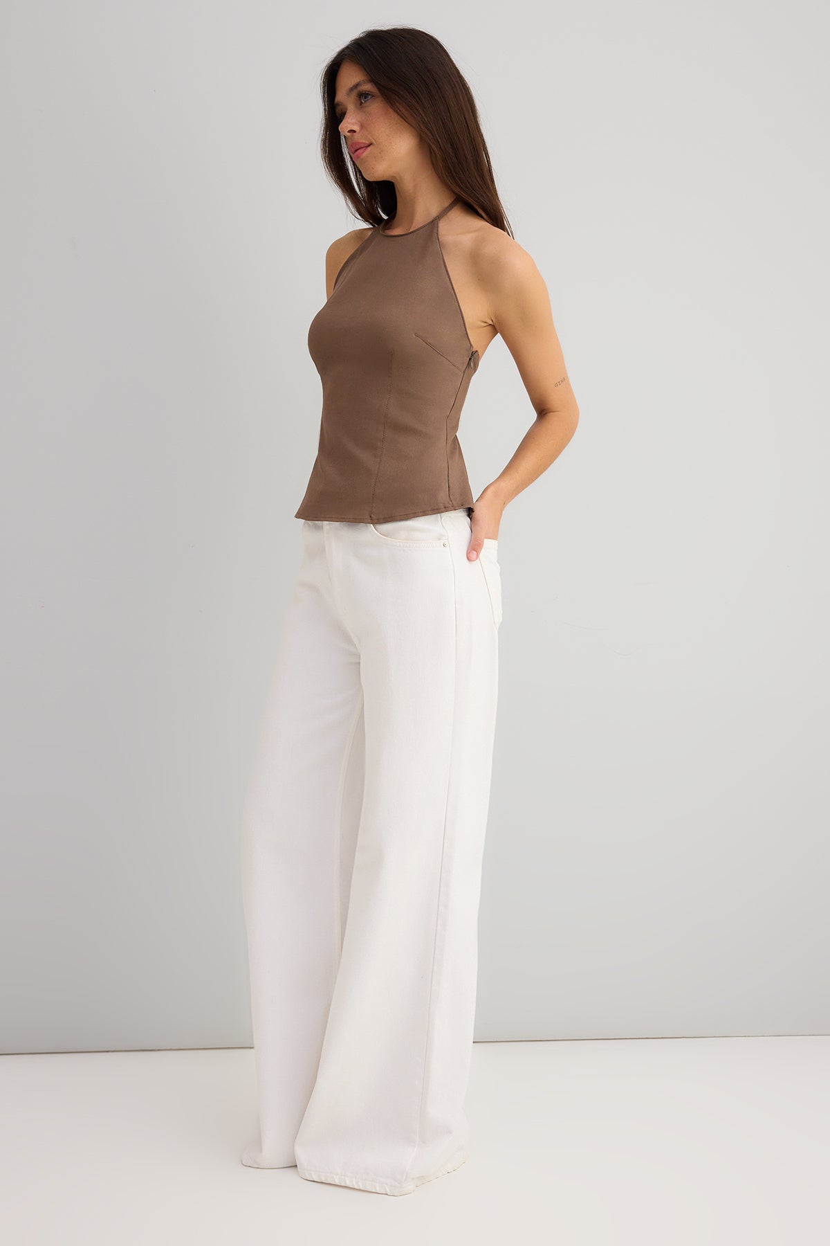 light brown cotton thin gabardine halter neck woven blouse