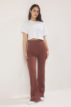 Trendyolmilla Kahverengi Wide Leg/İspanyol Paça Yüksek Bel İnterlok Esnek Örme Pantolon TWOAW25PL00006
