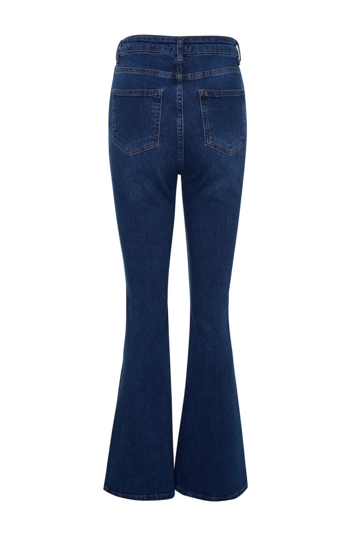 Trendyolmilla Mavi Önden Düğmeli Yüksek Bel Orta Esnek İspanyol Paça Flare Comfort/Esnek Jeans TWOSS20JE0111