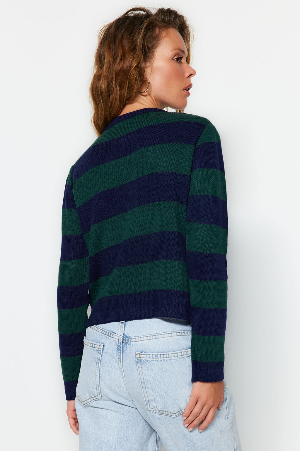 Trendyolmilla Indigo Çizgili Basic Ceket Görünümlü Triko Hırka TWOAW24HI00091