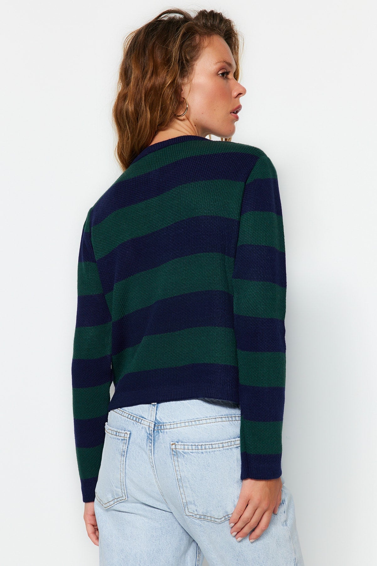Trendyolmilla Indigo Çizgili Basic Ceket Görünümlü Triko Hırka TWOAW24HI00091