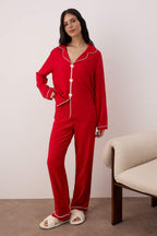 Trendyolmilla Bordo Kalp Nakışlı Biyeli Viskon Dokuma Pijama Takımı THMAW25PT00179