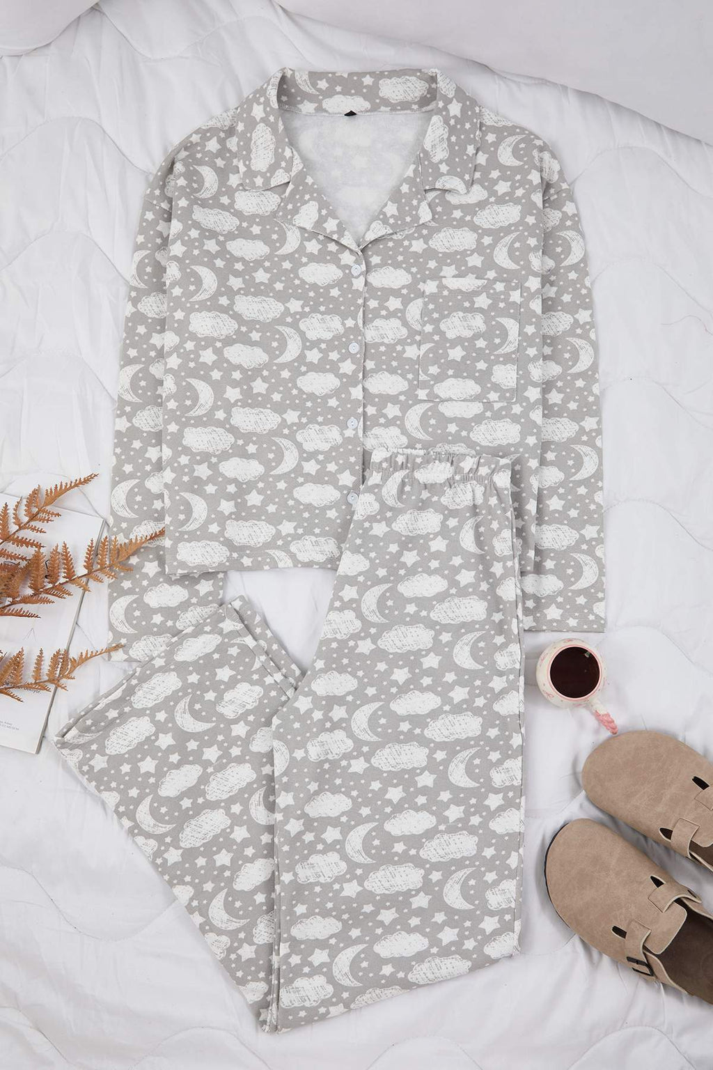 Trendyolmilla Gri Pamuklu Bulutlu Cep Detaylı Örme Pijama Takımı THMAW25PT00227