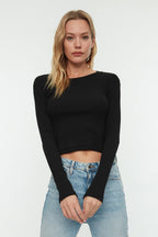 Trendyolmilla Kahverengi-Bej 2'li Paket Vücuda Oturan Bisiklet Yaka Fitilli Crop Esnek Örme Bluz TWOAW22BZ0331