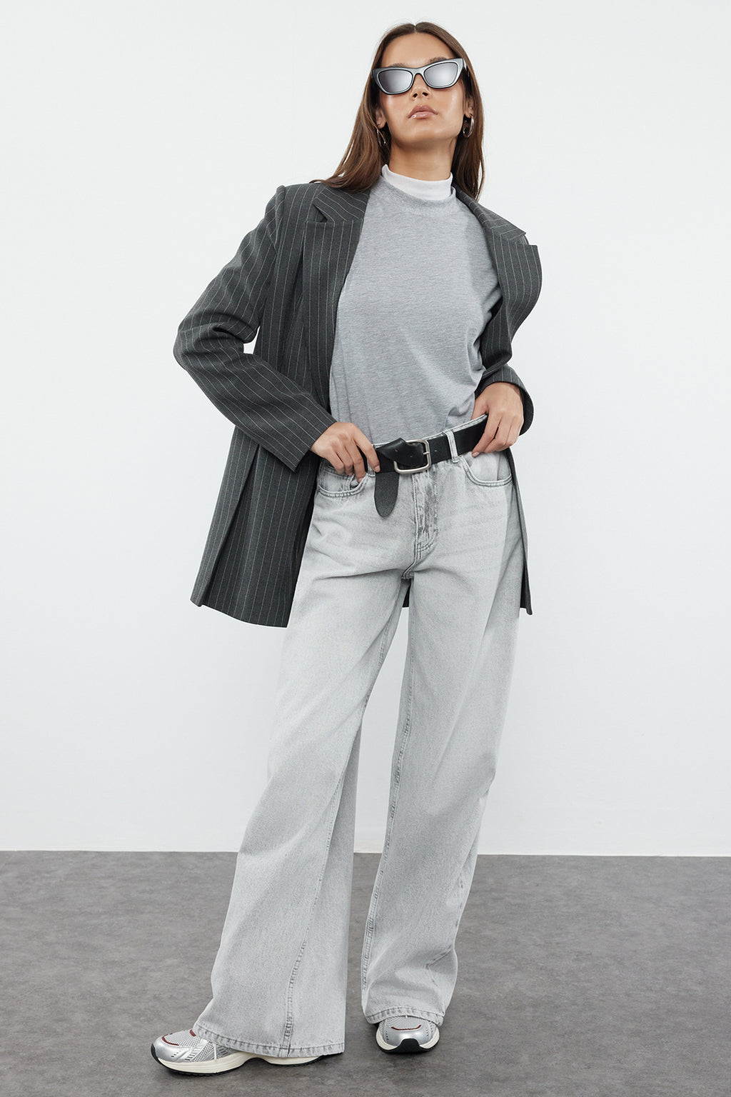 Gri Yüksek Bel Ekstra Geniş Paça Wide Leg Palazzo Geniş Paça %100 Pamuk Jeans TWOAW25JE00102