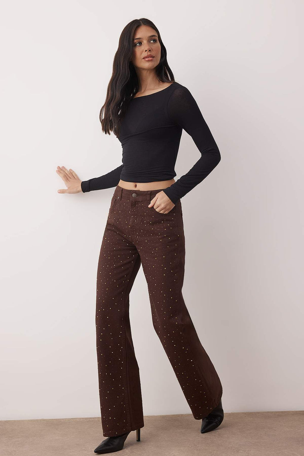 Trendyolmilla Kahverengi Taşlı Yüksek Bel Wide Leg Jeans TWOAW23JE00442