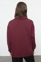 Trendyolmilla Bordo Oversize Kalıp Kalın içi Polarlı Slogan Baskılı Fermuarlı Örme Sweatshirt TWOAW25SW00134