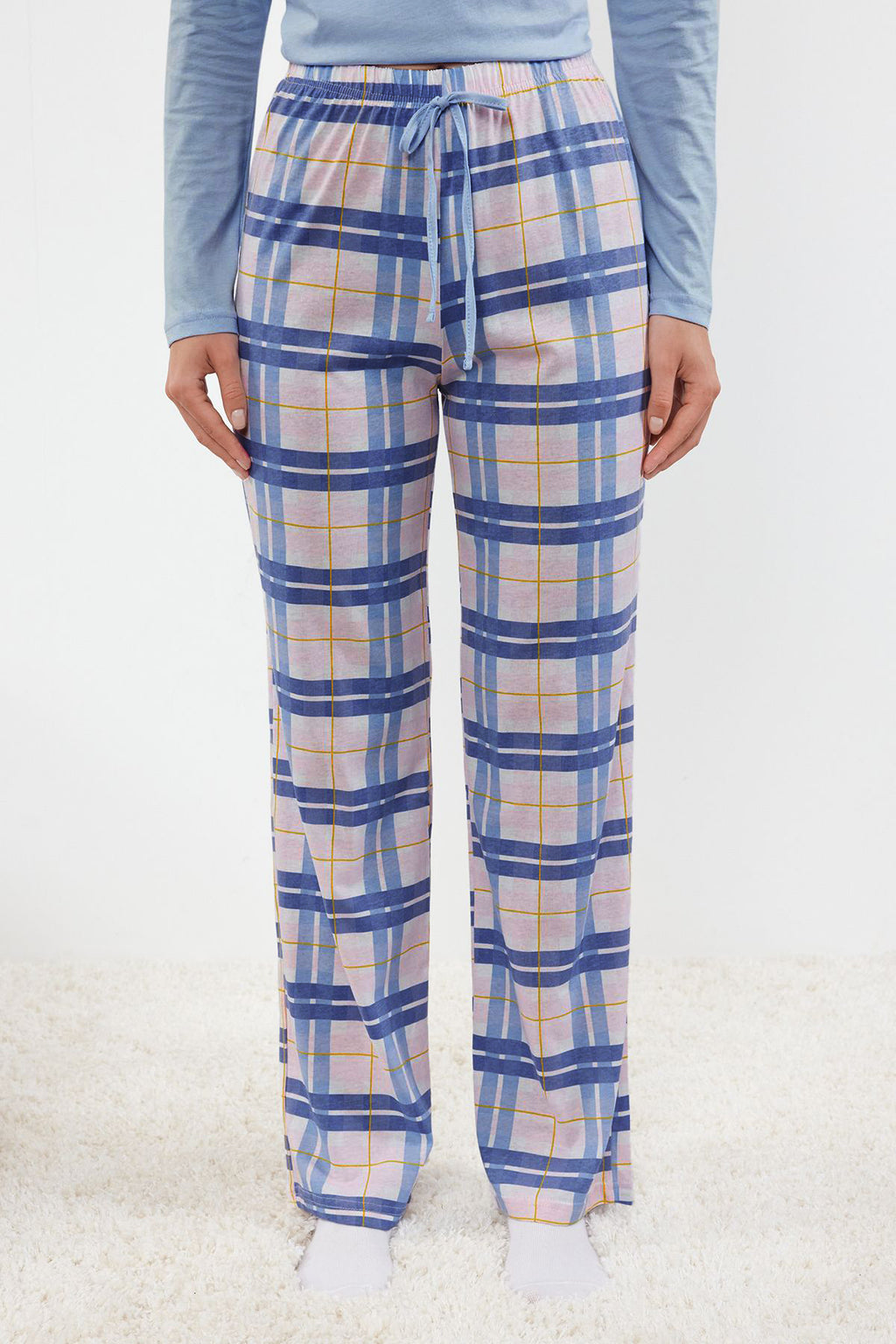 Mavi %100 Pamuklu Ekoseli Bağlama ve Düğme Detaylı Örme Pijama Takımı THMAW25PT00004