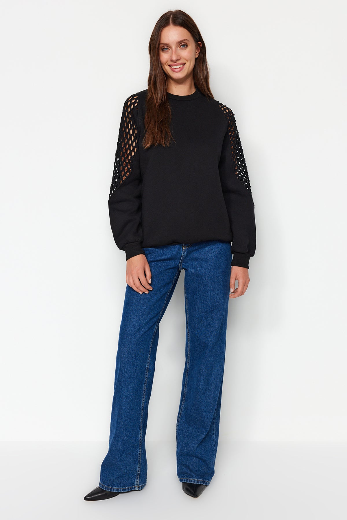 Siyah File Detaylı Kalın İçi Polarlı Regular/Normal Kalıp Örme Sweatshirt TWOAW24SW00134