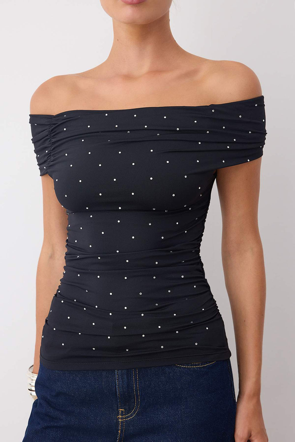 Siyah Taş Baskılı Carmen Yaka Örme Sandy Party Bluz TPRSS25BZ00055