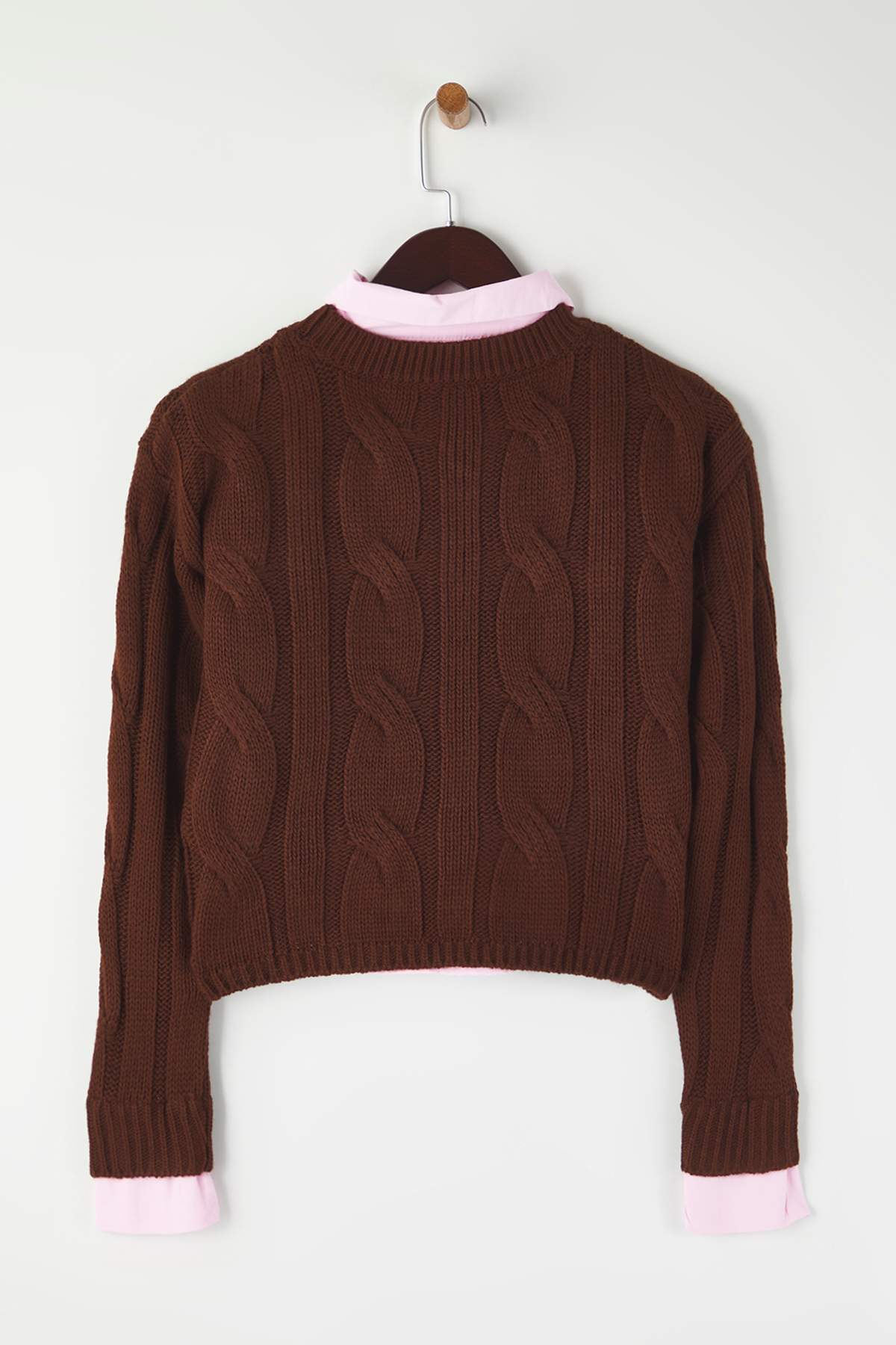 Trendyolmilla Teen Koyu Gri Gömlek Garnili Detaylı Crop Triko Kazak TWOAW26KZ00047