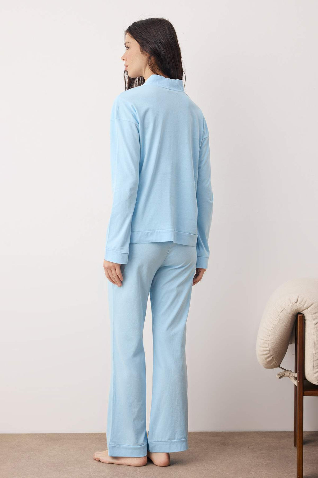 Mavi %100 Pamuklu Cep ve Manşetli Örme Pijama Takımı THMAW26PT00230