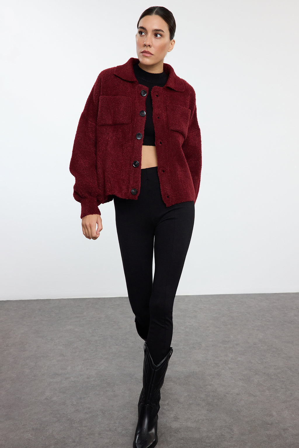 Trendyolmilla Bordo Yumuşak Dokulu Mont Görünümlü Triko Hırka TWOAW25HI00162