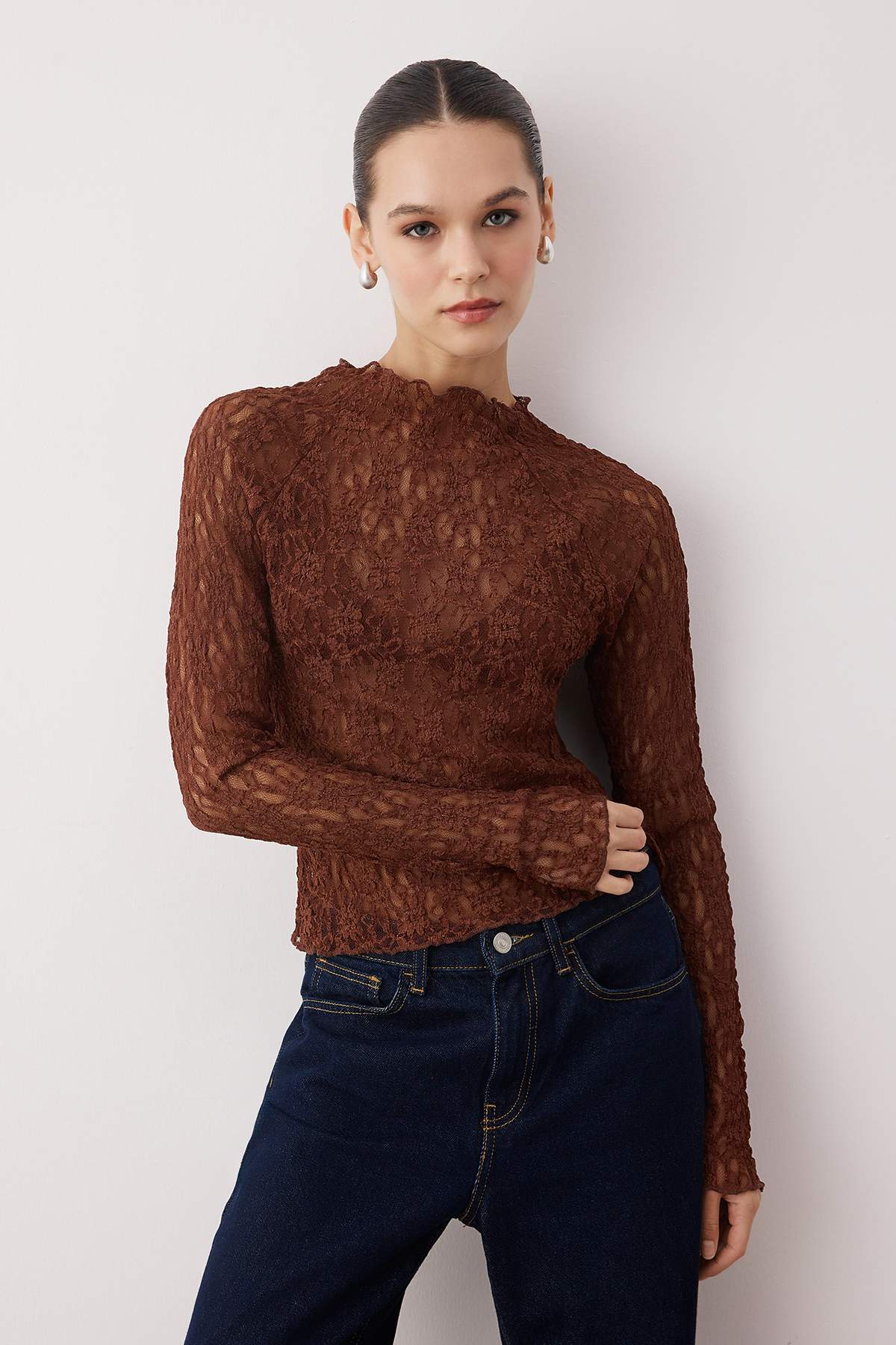 Siyah Fitted/Vücuda Oturan Reglan Kol Dantel Uzun Kollu Esnek Örme Bluz TWOAW26BZ00048