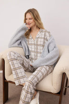 Trendyolmilla Bej %100 Pamuklu Ekoseli Örme Pijama Takımı THMAW20PT0266