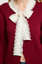 Trendyolmilla Bordo Crop Dantel Garnili Renk Bloklu Triko Hırka TWOAW25HI00251