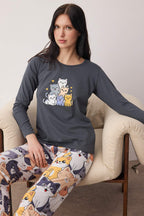 Antrasit Kedi Desenli Pamuklu Likralı Yumuşak Tuşe Örme Pijama Takımı THMAW26PT00167