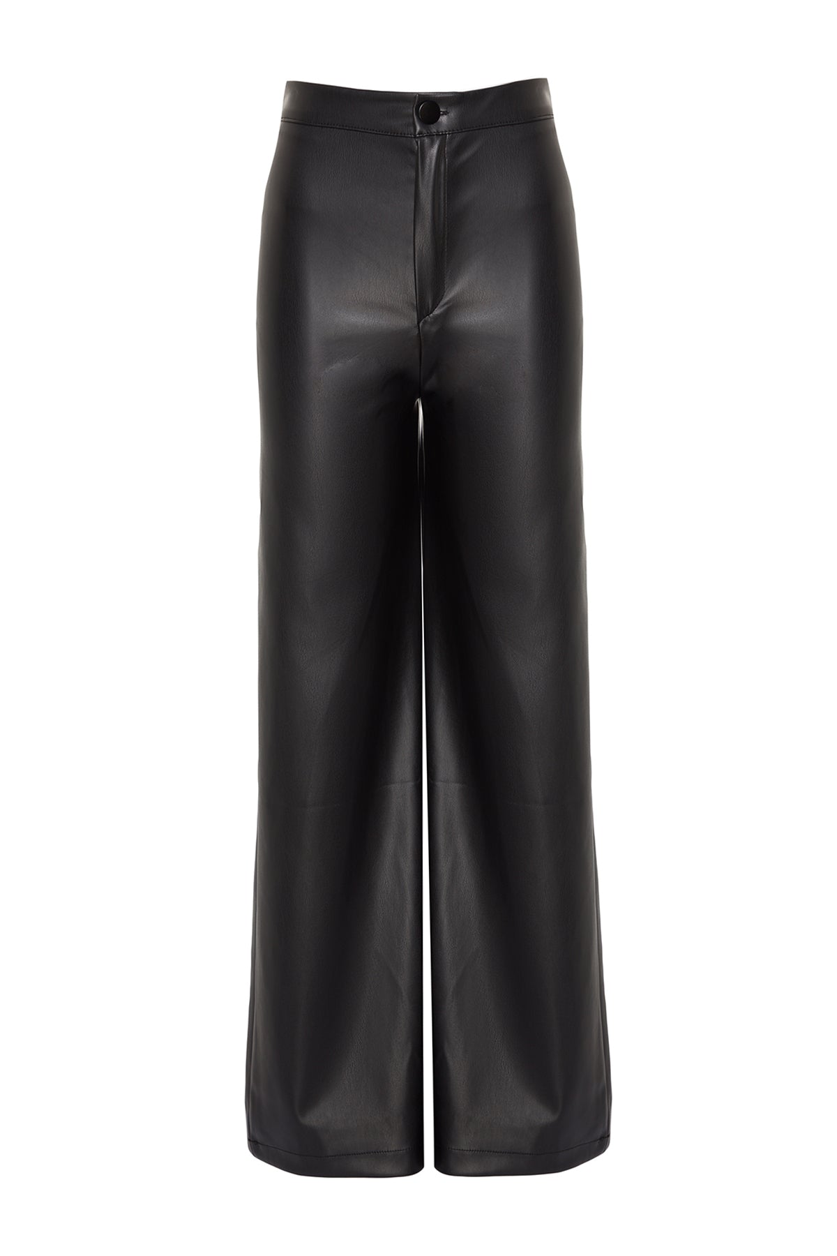 Siyah Suni Deri Wide Leg Cep Detaylı Örme Pantolon TWOAW24PL00103