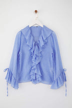 Trendyolmilla Gri Fırfırlı Bohem İnce Pamuklu Kumaş Uzun Kol Dokuma Bluz TWOSS25BZ00551