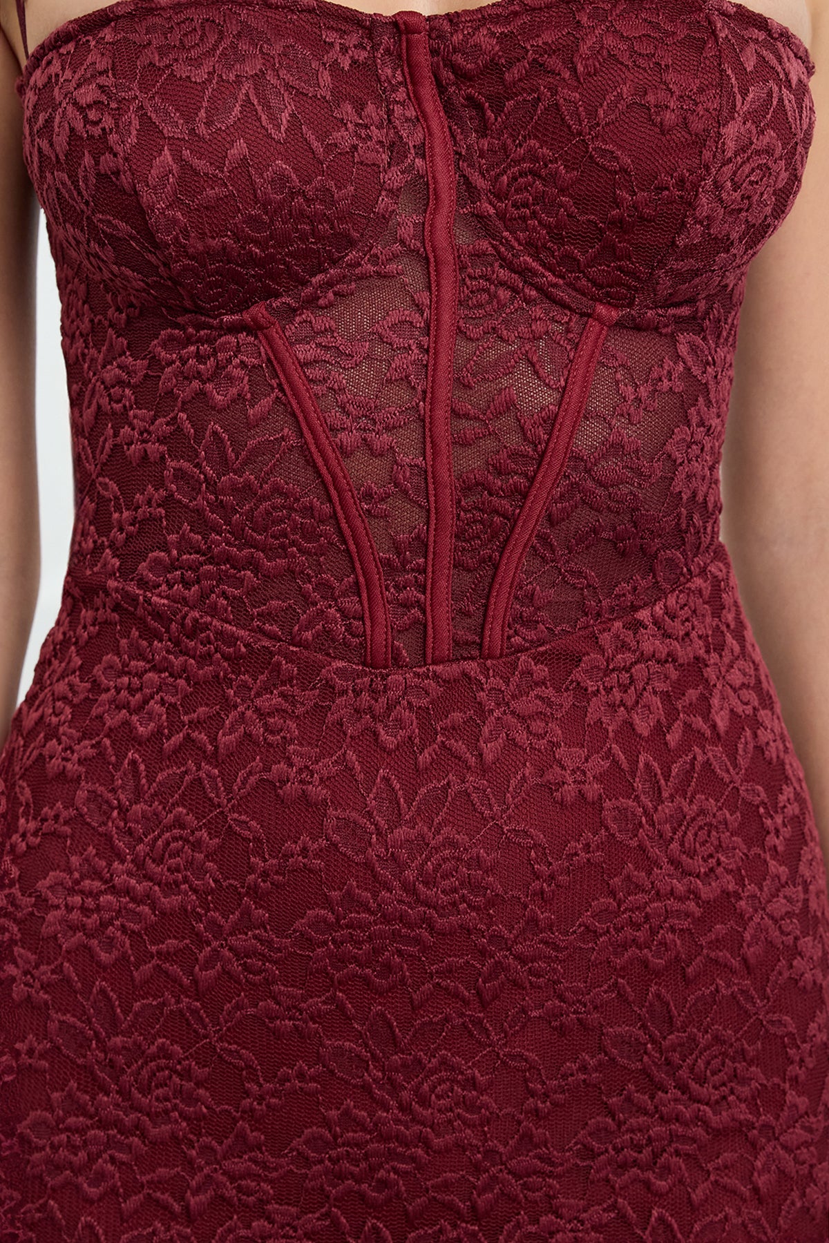 Trendyolmilla Bordo Astarlı Dantel Örme Midi Abiye Gece Mezuniyet Elbisesi TPRAW25EL00120