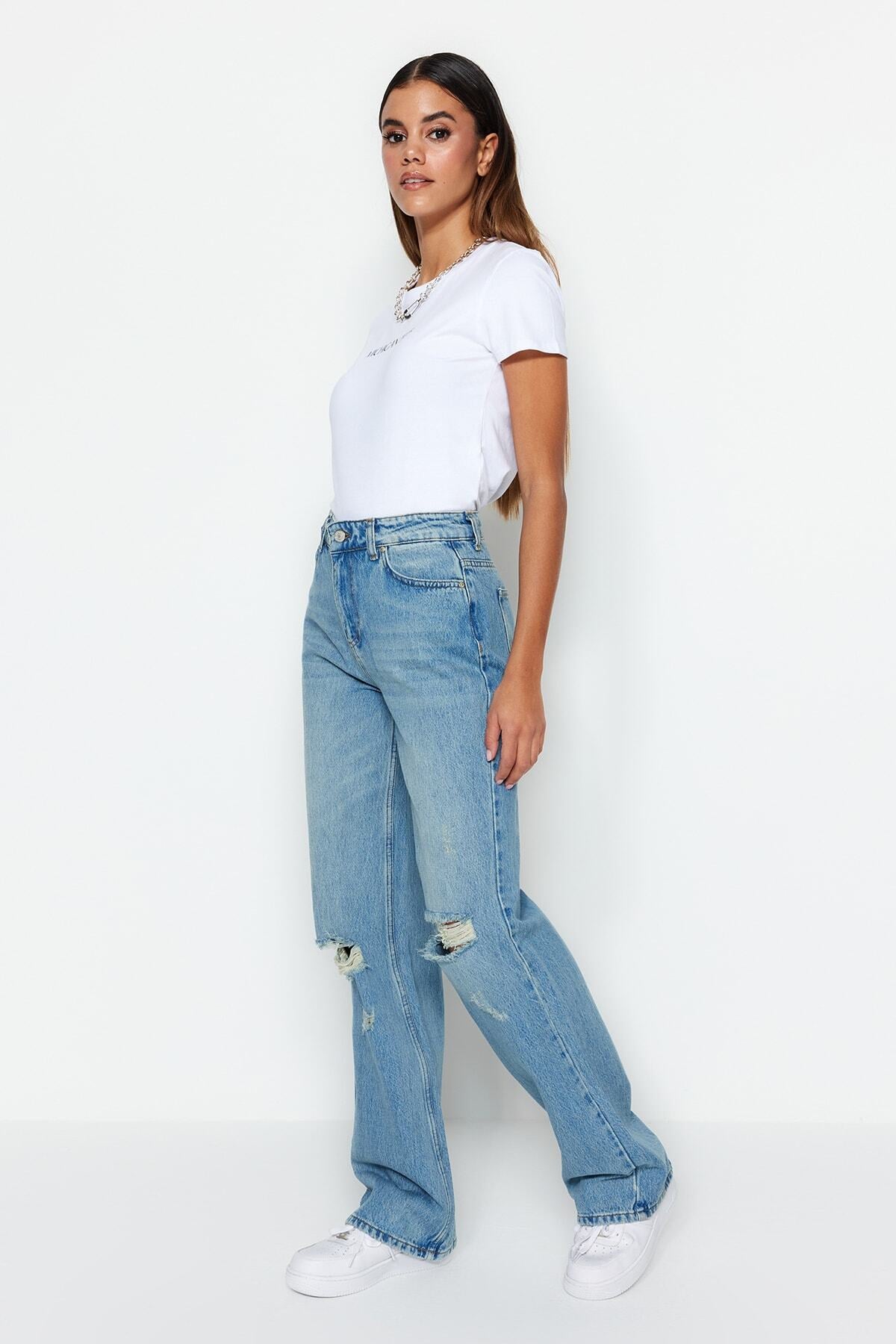Mavi Soluk Ekfekt Vintage Yırtık Detaylı Düşük Bel Wide Leg Jeans TWOSS23JE00102