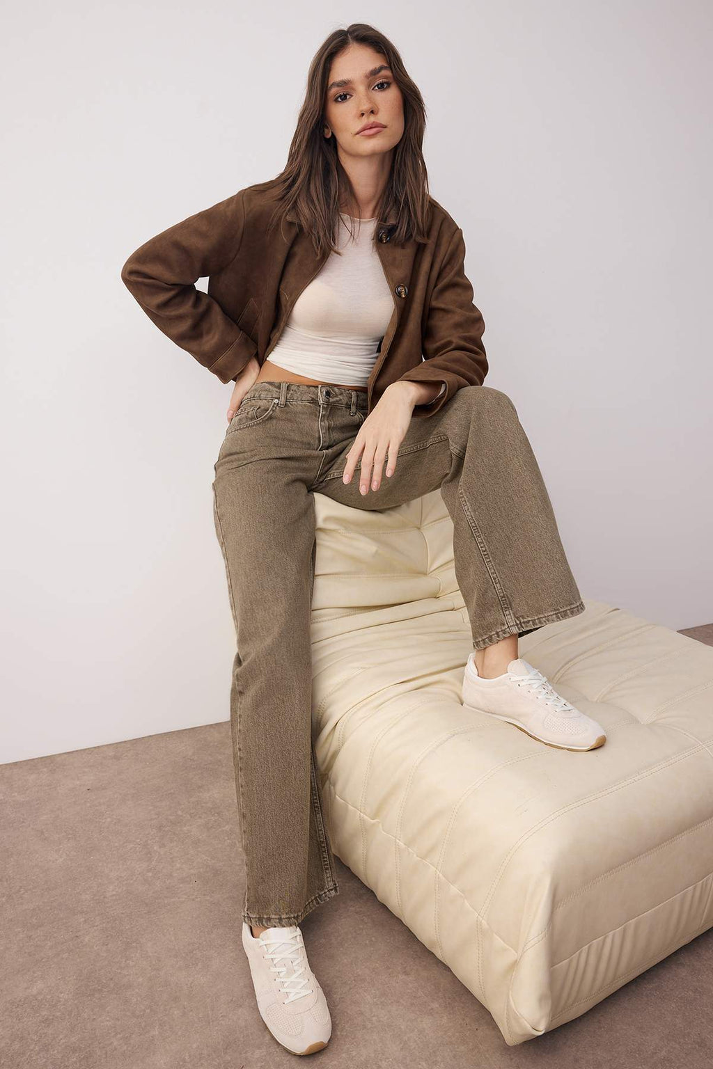 Haki Yüksek Bel Vintage Yıkama Geniş Paça Wide Leg %100 Pamuk Non-Stretch Jeans TWOAW26JE00126