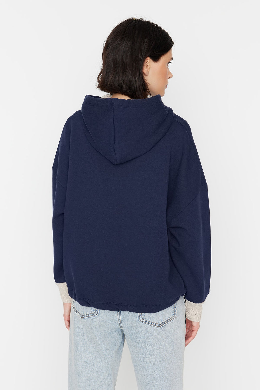 Trendyolmilla Lacivert Kalın İçi Polarlı Triko Bant Detaylı Kapüşonlu Örme Sweatshirt TWOAW22SW1806