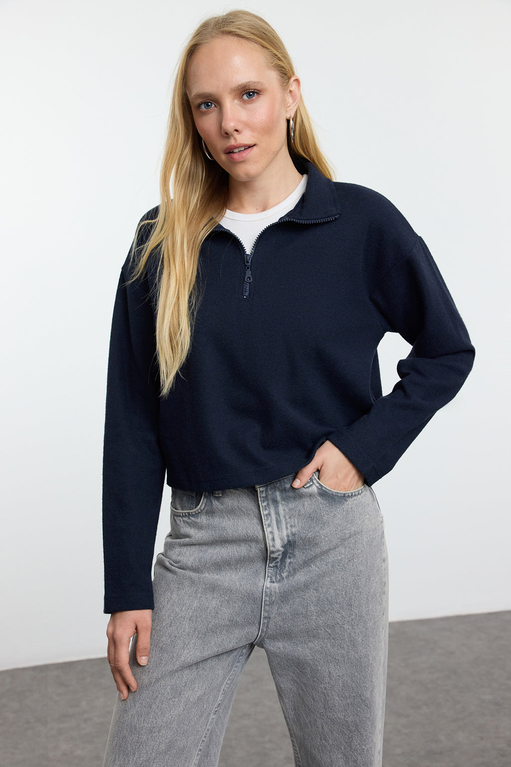 Lacivert-Gri 2'Li Paket Selanik Regular/Normal Kalıp Fermuarlı Yaka Örme Sweatshirt TWOAW25SW00120
