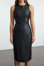 Siyah Anvelop Kapama Bodycone/Vücuda Oturan Midi Örme Elbise TWOAW25EL00459