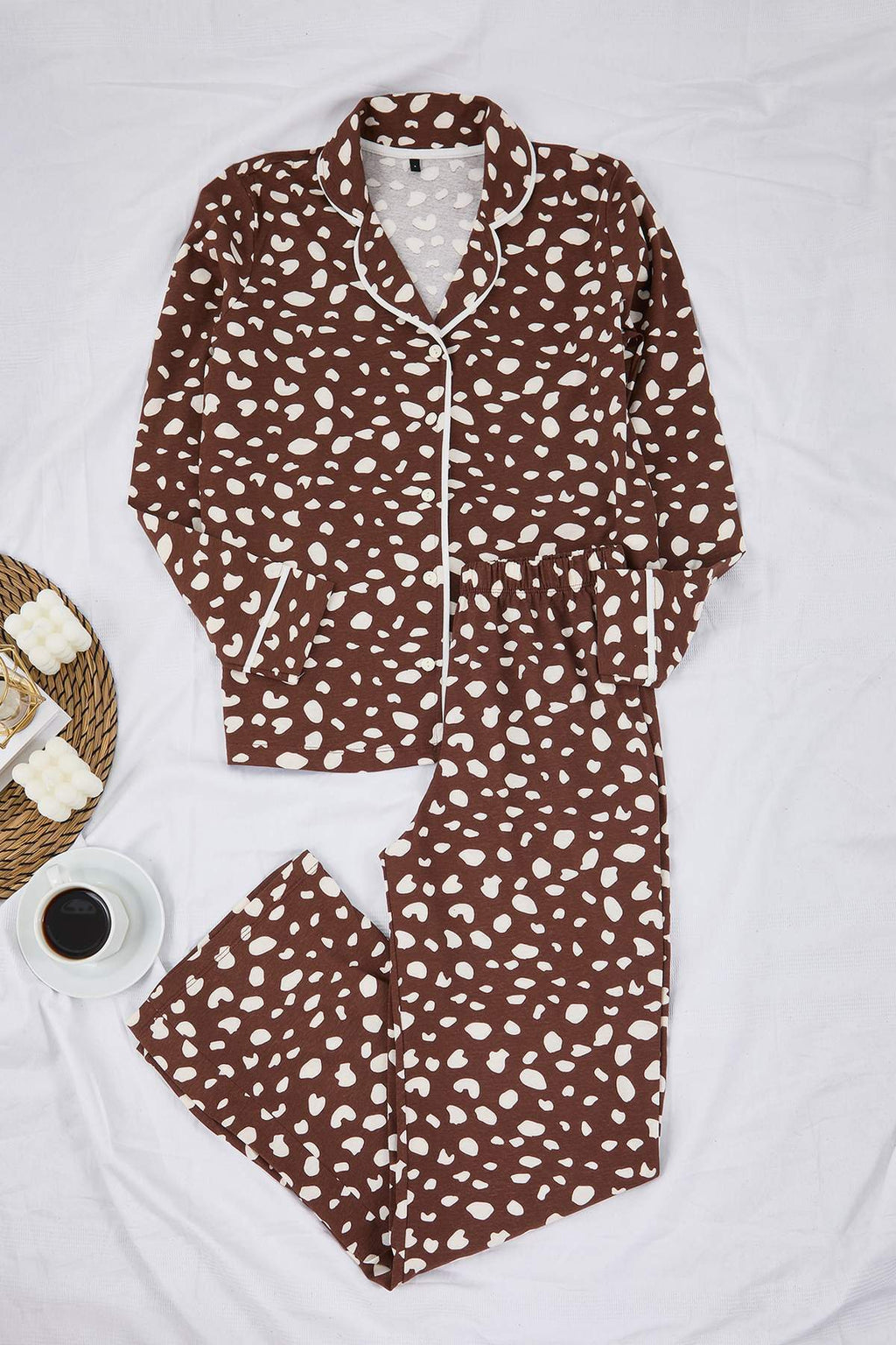 Trendyolmilla Pudra %100 Pamuklu Leopar Desenli Gömlek-Pantolon Örme Pijama Takımı THMAW21PT0489