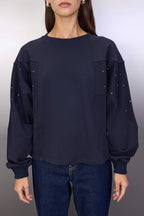Lacivert Kuşgözü Aksesuar Detaylı Bisiklet Yaka Oversize/Geniş Kesim Örme Sweatshirt TWOAW26SW00038