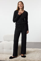Siyah %100 Pamuklu Dantelli Örme Pijama Takımı THMAW25PT00096