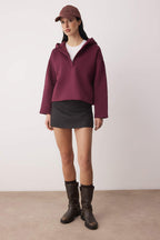 Trendyolmilla Siyah Kalın İçi Polarlı Yarım Pat Fermuarlı Oversize Kapüşonlu Örme Sweatshirt TWOAW26SW00060