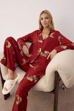 Trendyolmilla Ekru Kaplan Desenli Viskon Dokuma Pijama Takımı THMAW25PT00036