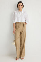 Trendyolmilla Bej Straight/Düz Kesim Kemer Detaylı Dokuma Pantolon TWOSS24PL00023