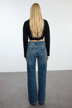 Koyu Mavi Yırtıklı Normal Bel Wide Leg Geniş Paça %100 Pamuk Non-Stretch Jeans TWOAW25JE00203