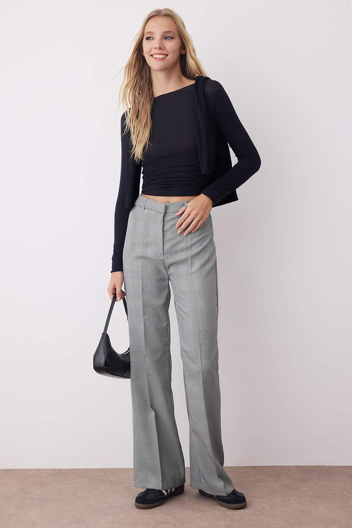 Gri Ekoseli Flare Bootcut Kumaş Pantolon TWOAW26PL00067