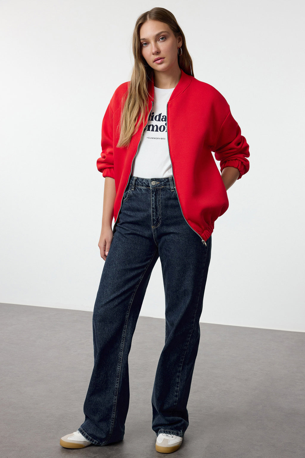 Trendyolmilla Ekru Fermuarlı Oversize/Geniş Kalıp Kalın İçi Polarlı  Örme Sweatshirt TWOAW25SW00122