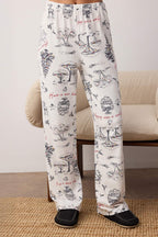 Ekru %100 Pamuklu Kış Temalı Biye Detaylı Örme Pijama Takımı THMAW25PT00038