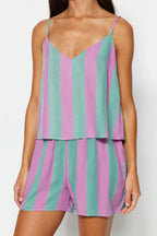 Trendyolmilla Çok Renkli Çizgili İp Askılı Viskon Şortlu Dokuma Pijama Takımı THMSS23PT00225