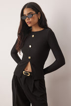 Siyah  Ottoman Dik Yaka Düğmeli Uzun Kol Vücuda Oturan Örme Bluz TWOAW26BZ00191