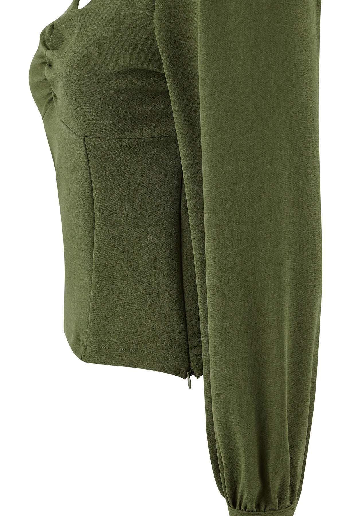 Trendyolmilla Haki Büzgü Detaylı Dokuma Bluz TWOAW23BZ00633 B