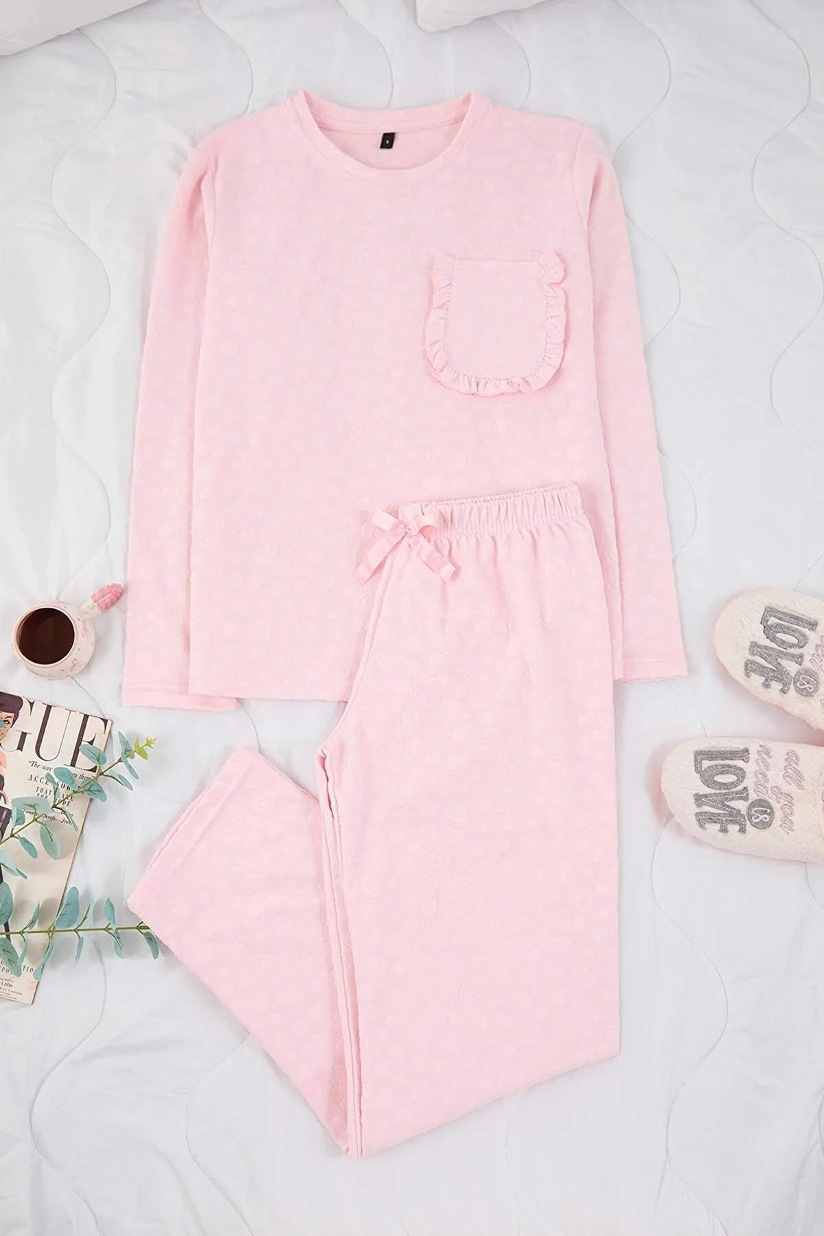 Pudra Kalp Desenli Fırfırlı ve Cepli Örme Pijama Takımı THMAW26PT00205