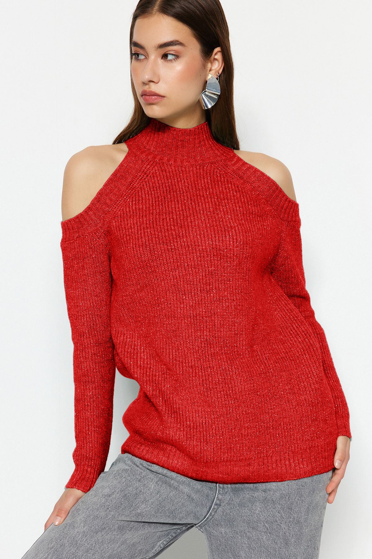 Trendyolmilla Kırmızı Simli Pencere/Cut Out Detaylı Triko Kazak TWOAW20XS0006 Secondary image