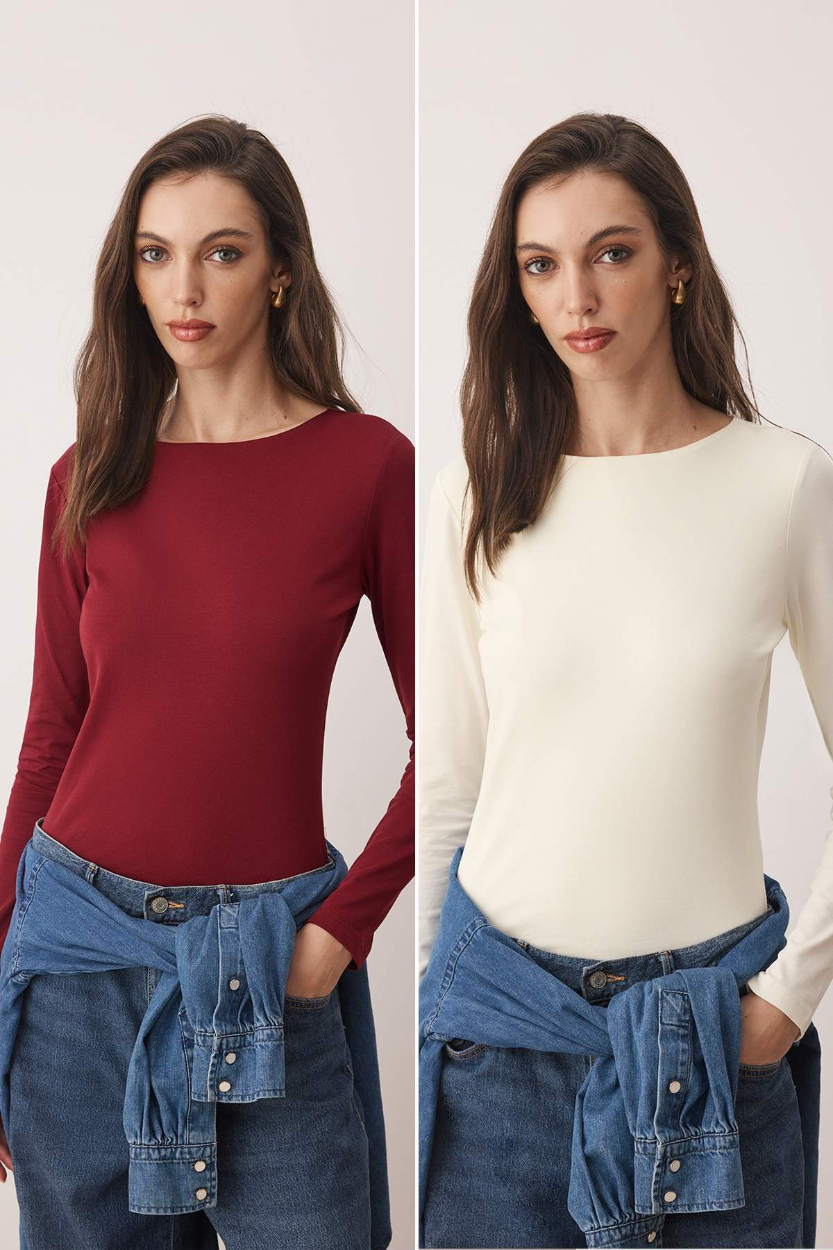 Trendyolmilla Taş-Bordo İkili Paket Kayık Yaka Fitted/Vücuda Oturan Örme Bluz TWOAW25BZ00062 Main image