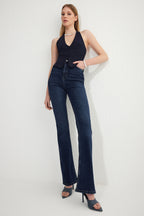 Trendyolmilla Koyu Mavi Yüksek Bel Orta Esnek Flare İspanyol Paça Jeans TWOSS25JE00109