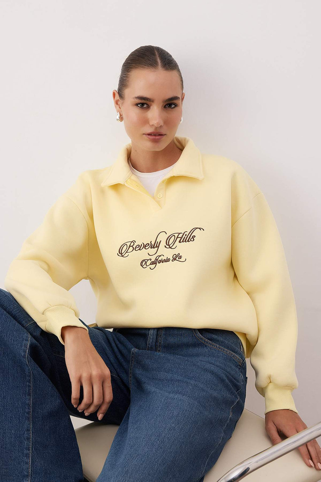 Trendyolmilla Sarı Gömlek Yaka Nakışlı Regular Fit Kalın İçi Polarlı Örme Sweatshirt TWOAW24SW00182