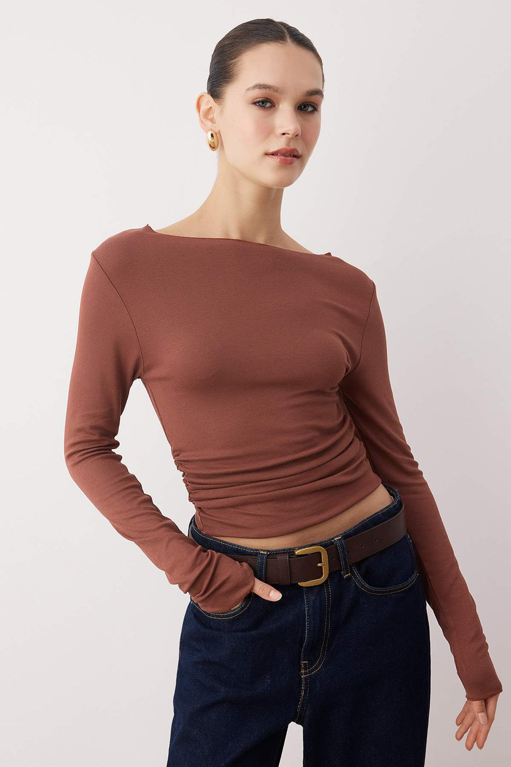 Trendyolmilla Yağ Yeşili Fitted/Vücuda Oturan Büzgü Detaylı Esnek Örme Bluz TWOAW25BZ00225